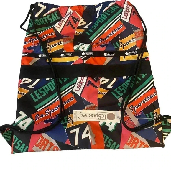 NEW LeSportsac Janice Varsity Collage Drawstring Backpack - Picture 2 of 4